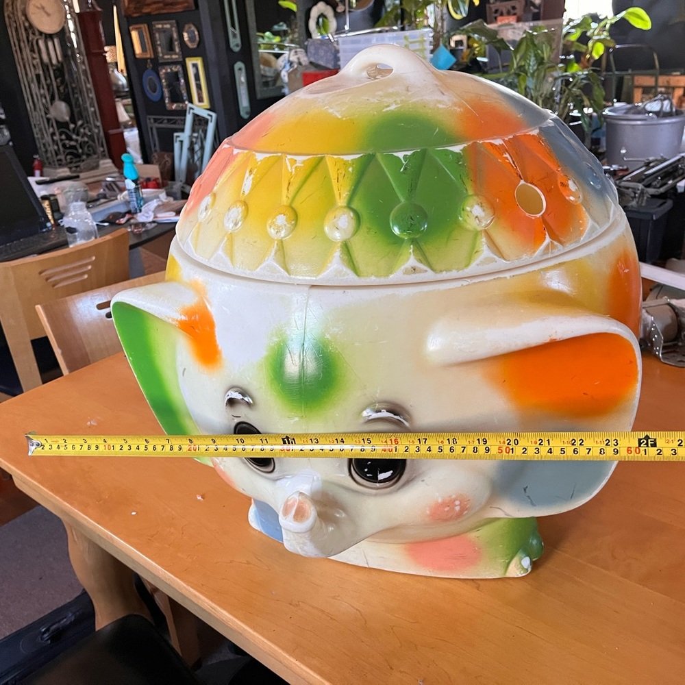 This vintage Edward Mobley Elephant Blow Mold Toy Chest Hamper Polka Dots